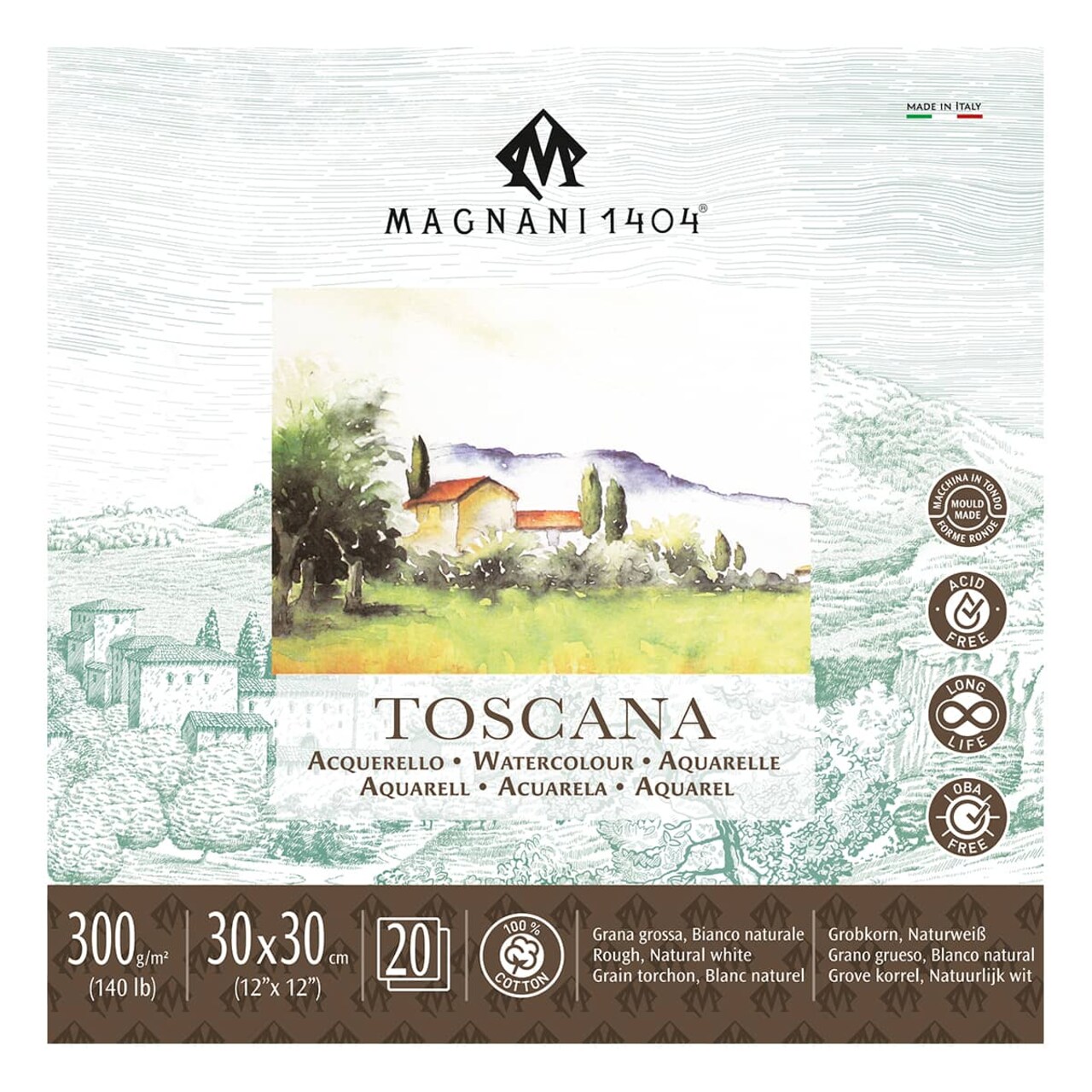 Magnani 1404 Toscana Rough 100% Cotton Watercolor Paper Pad, 20 Sheets, 140 lb, Acid-Free, UV Resistant, Deckled Edges, Vegan Sized Water Color Paper for Artists, Made in Italy